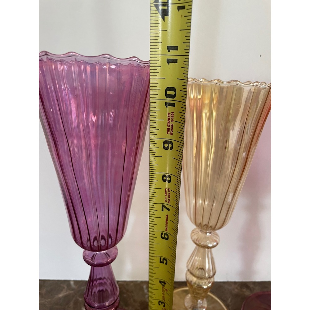6 Handblown Venetian Murano Glass Iridescent Ribbed Champagne Flutes Multicolor - Picture 6 of 16
